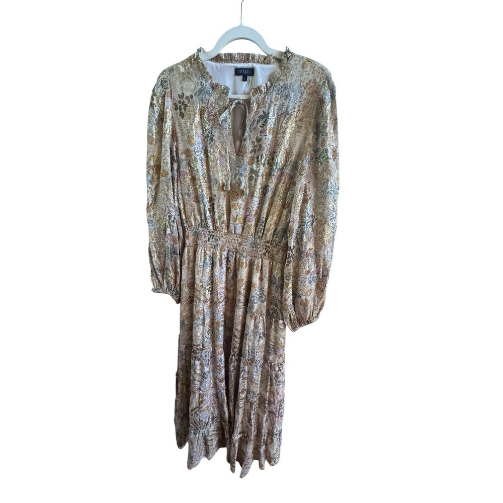 1. State Gold Metallic Boho Floral Maxi Dress Large Tiered Skirt Smocked Waist